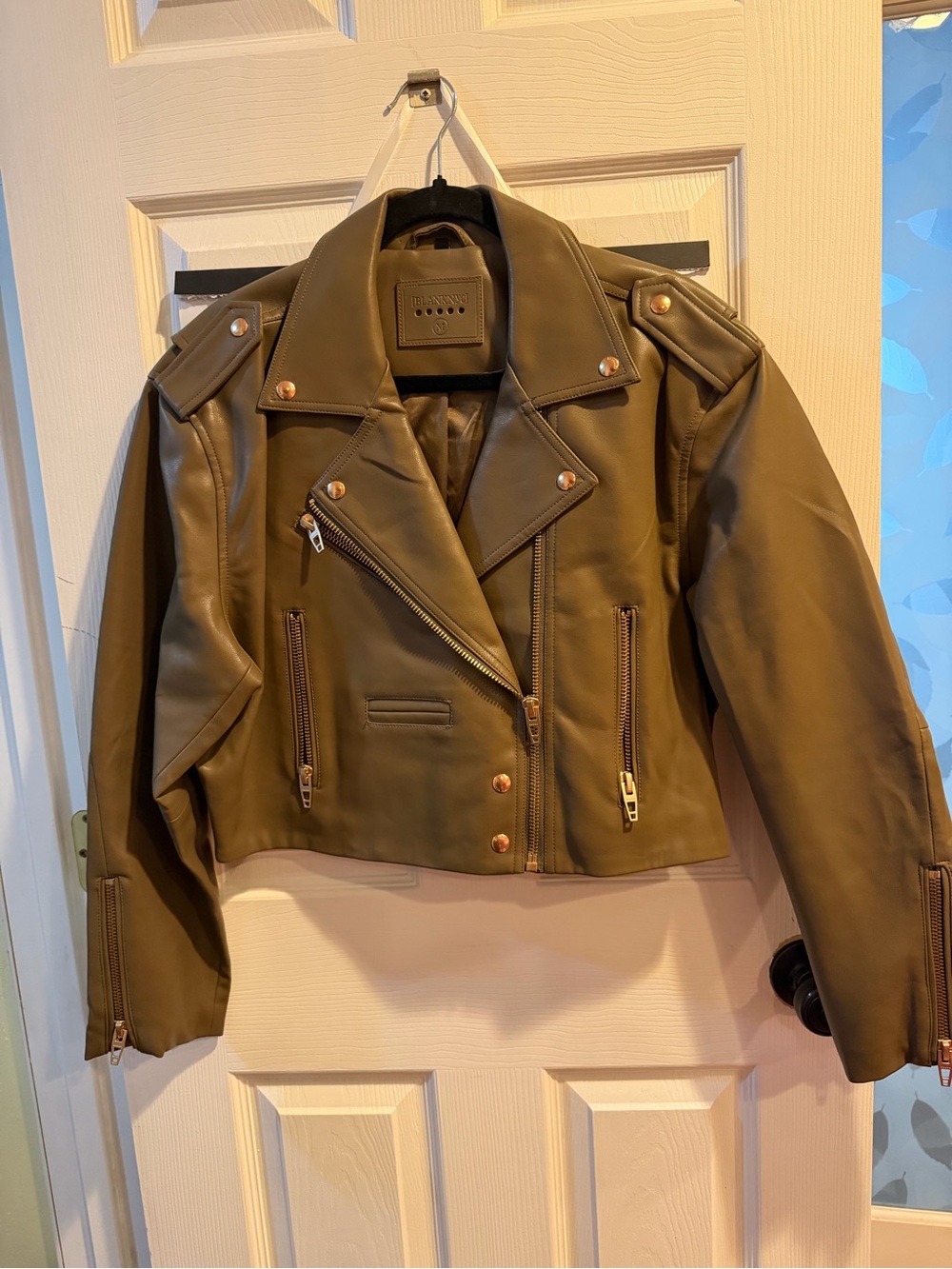 Blank NYC Olive Faux Leather Moto Jacket with Gold Hardware